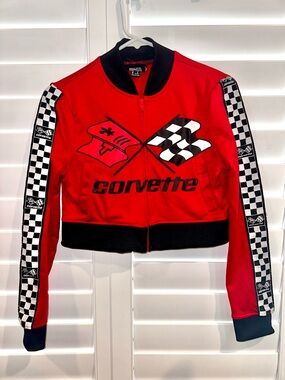 Corvette Cropped Racing Jacket - Red with Black & Checkered Accents